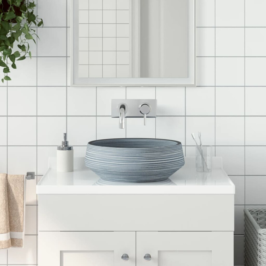 vidaXL Opzetwasbak rond Φ41x14 cm keramiek grijs afbeelding 1