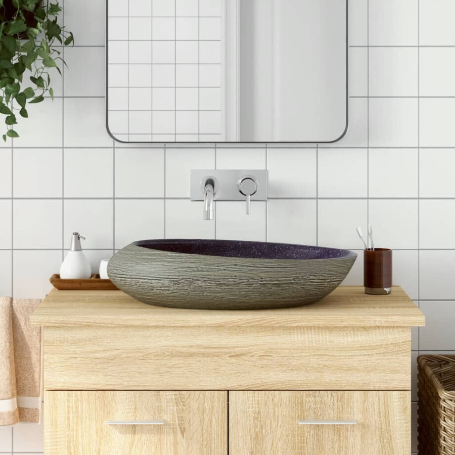 vidaXL Opzetwasbak ovaal 59x40x14 cm keramiek paars en grijs vidaXL Opzetwasbak ovaal 59x40x14 cm keramiek paars en grijs afbeelding 1