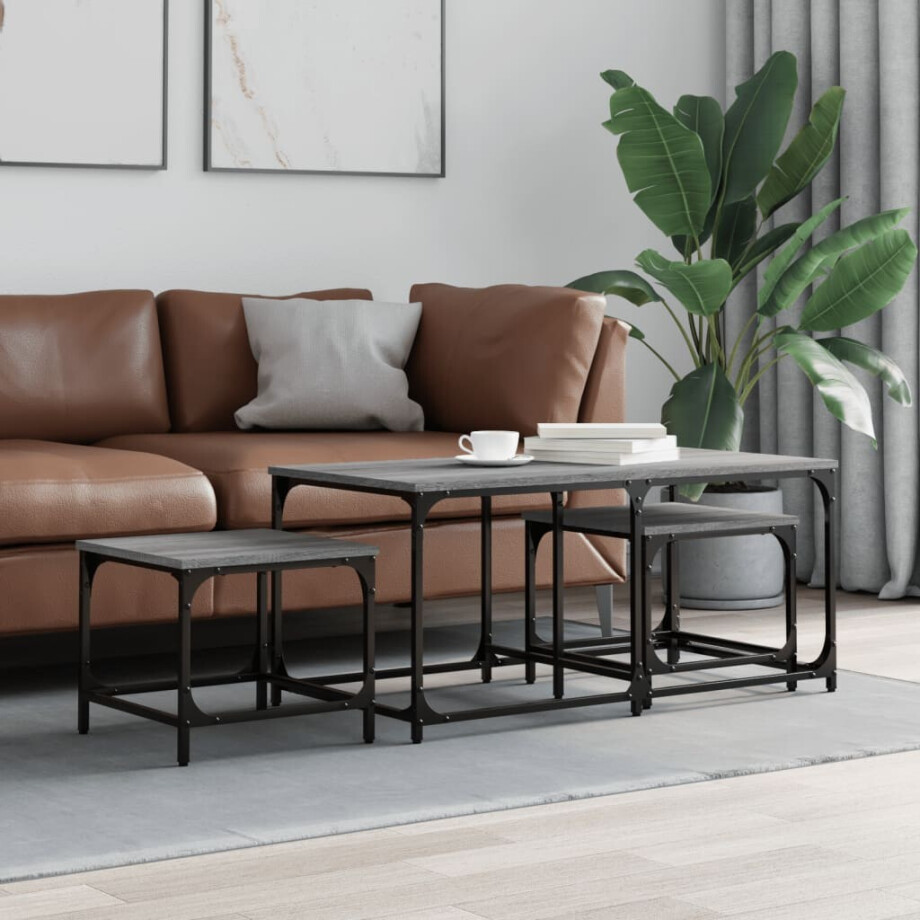 vidaXL 3-delige Tafeltjesset bewerkt hout grijs sonoma afbeelding 1