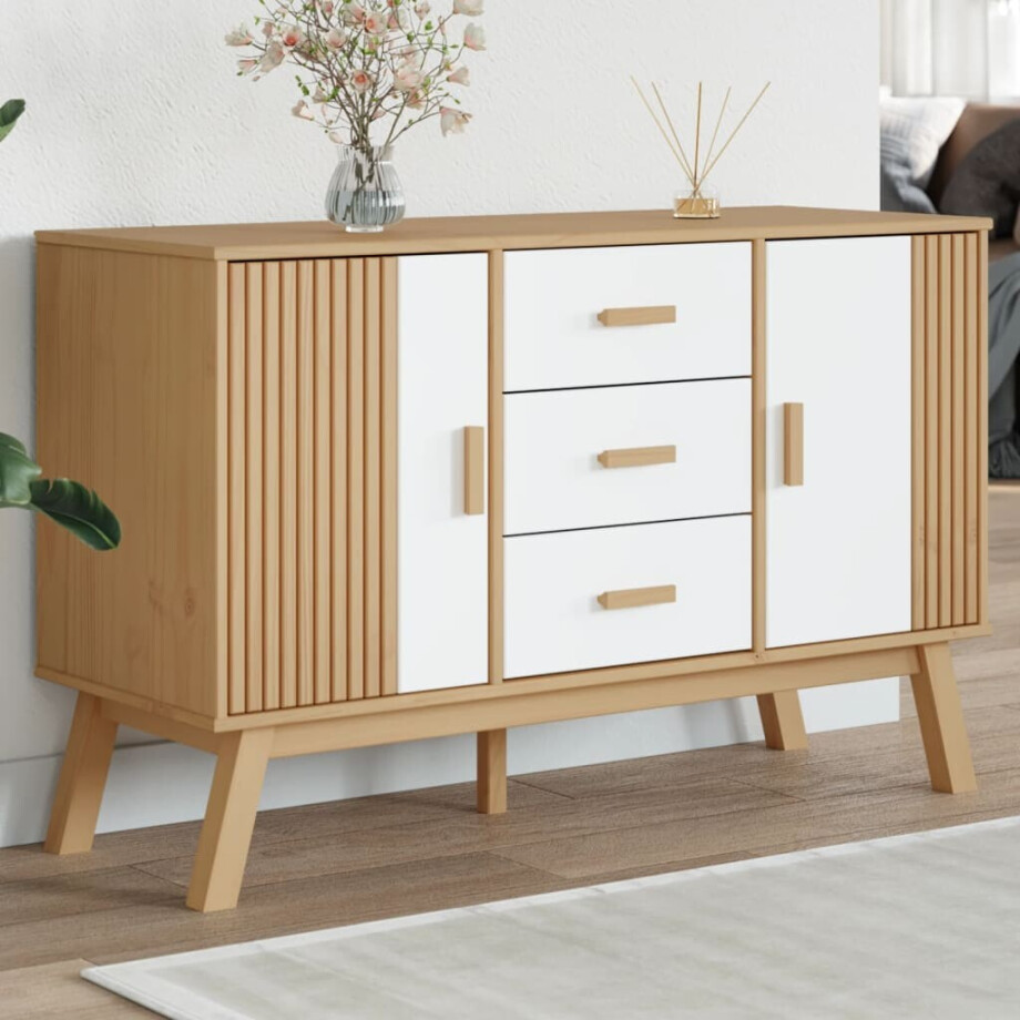 vidaXL Dressoir OLDEN 114x43x73,5 cm massief grenenhout wit en bruin afbeelding 1