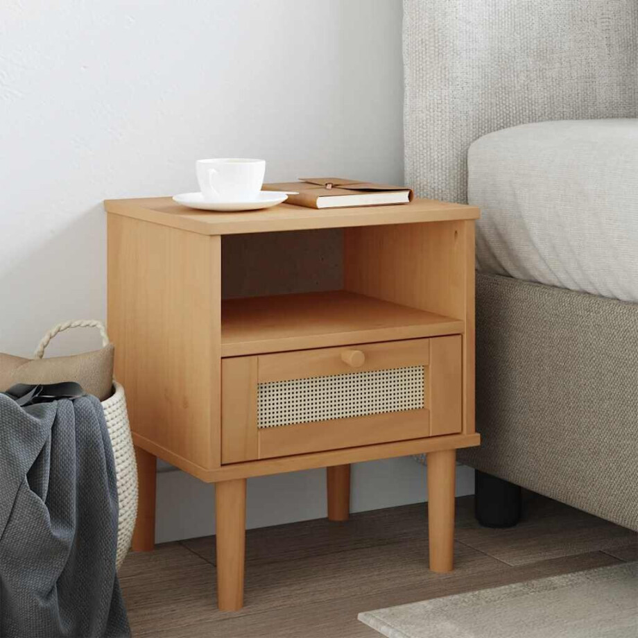vidaXL Nachtkastje SENJA rattan-look 40x35x48 cm grenenhout bruin afbeelding 1