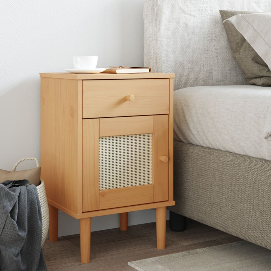 vidaXL Nachtkastje SENJA rattan-look 40x35x65 cm grenenhout bruin afbeelding 1