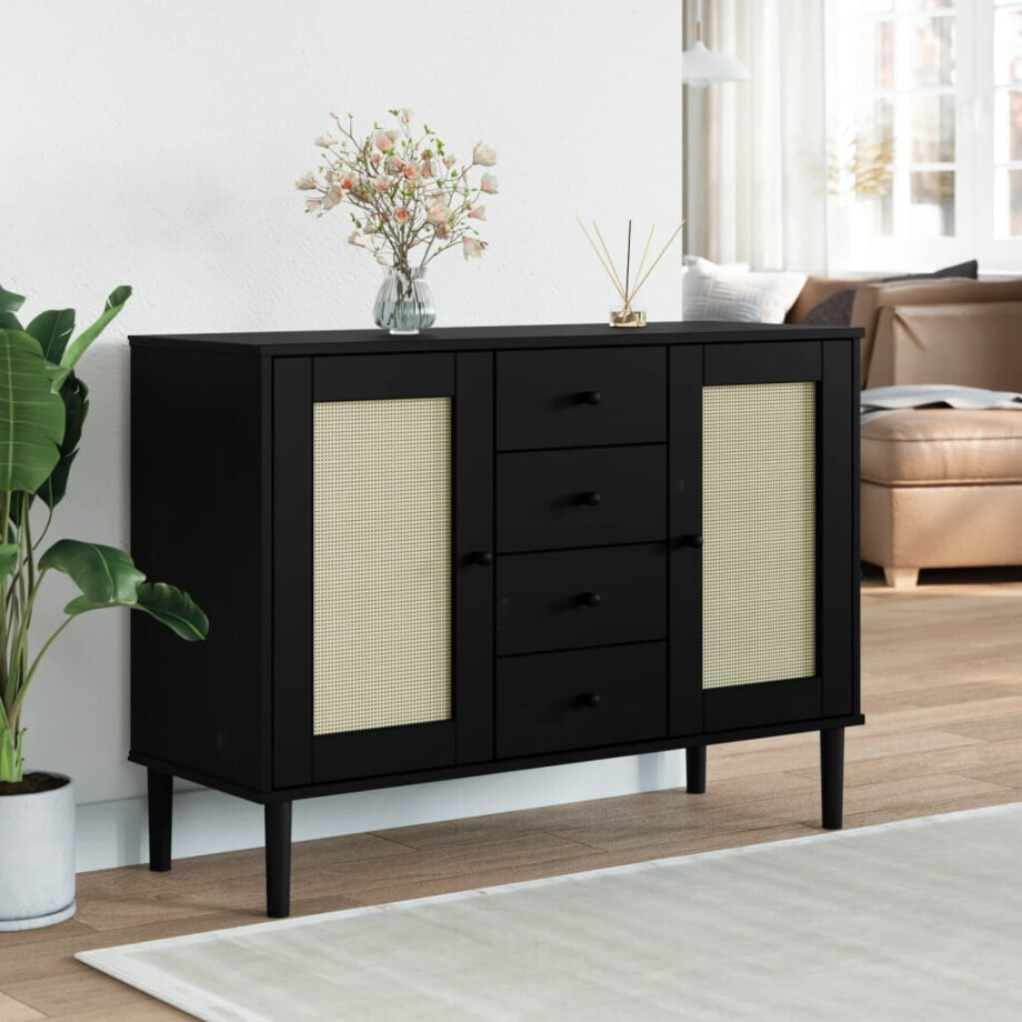 vidaXL Dressoir SENJA rattan-look 112x40x80 cm grenenhout zwart afbeelding 1