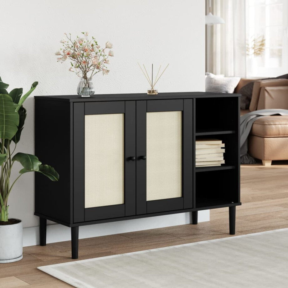 vidaXL Dressoir SENJA 112x40x80 cm rattan massief grenenhout zwart afbeelding 1