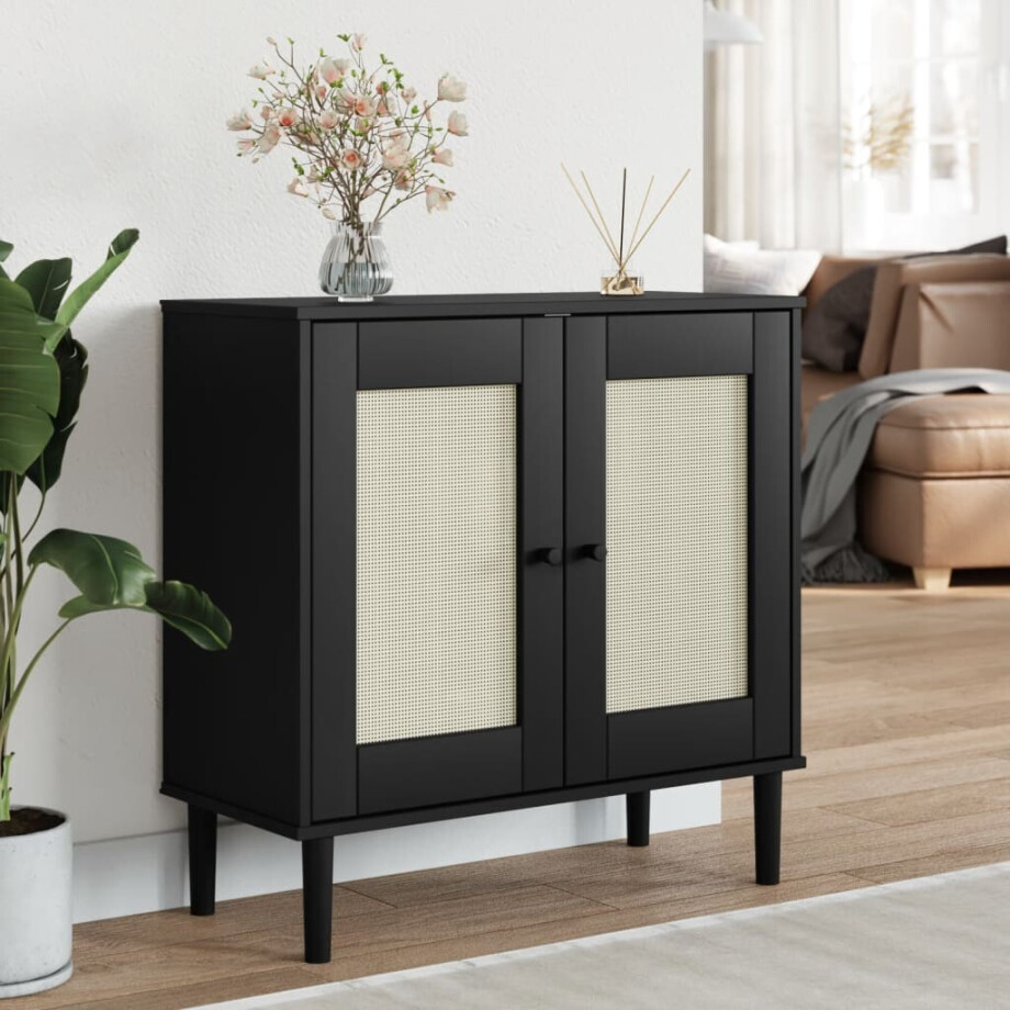 vidaXL Dressoir SENJA 80x35x80 cm rattan look massief grenenhout zwart afbeelding 1