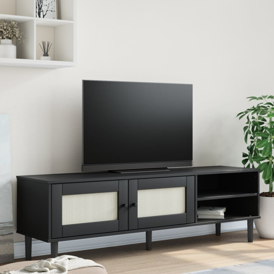 vidaXL Tv-meubel SENJA 158x40x49 cm rattan-look massief grenen zwart vidaXL Tv-meubel SENJA 158x40x49 cm rattan-look massief grenen zwart afbeelding 1
