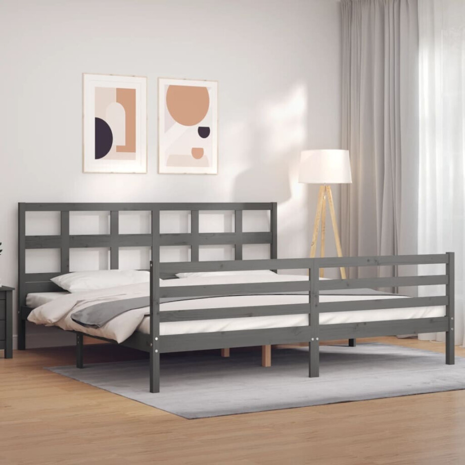 vidaXL Bedframe met hoofdbord massief hout grijs 200x200 cm afbeelding 1