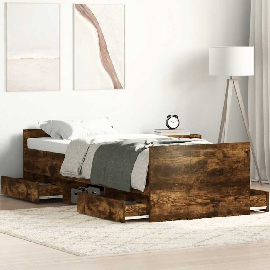 vidaXL Bedframe met hoofd- en voeteneinde gerookt eiken 90x200 cm afbeelding 1