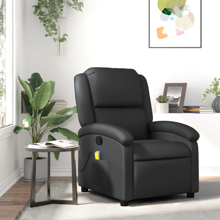 vidaXL Massagestoel van echt leer, zwart vidaXL Massagestoel van echt leer, zwart afbeelding 1
