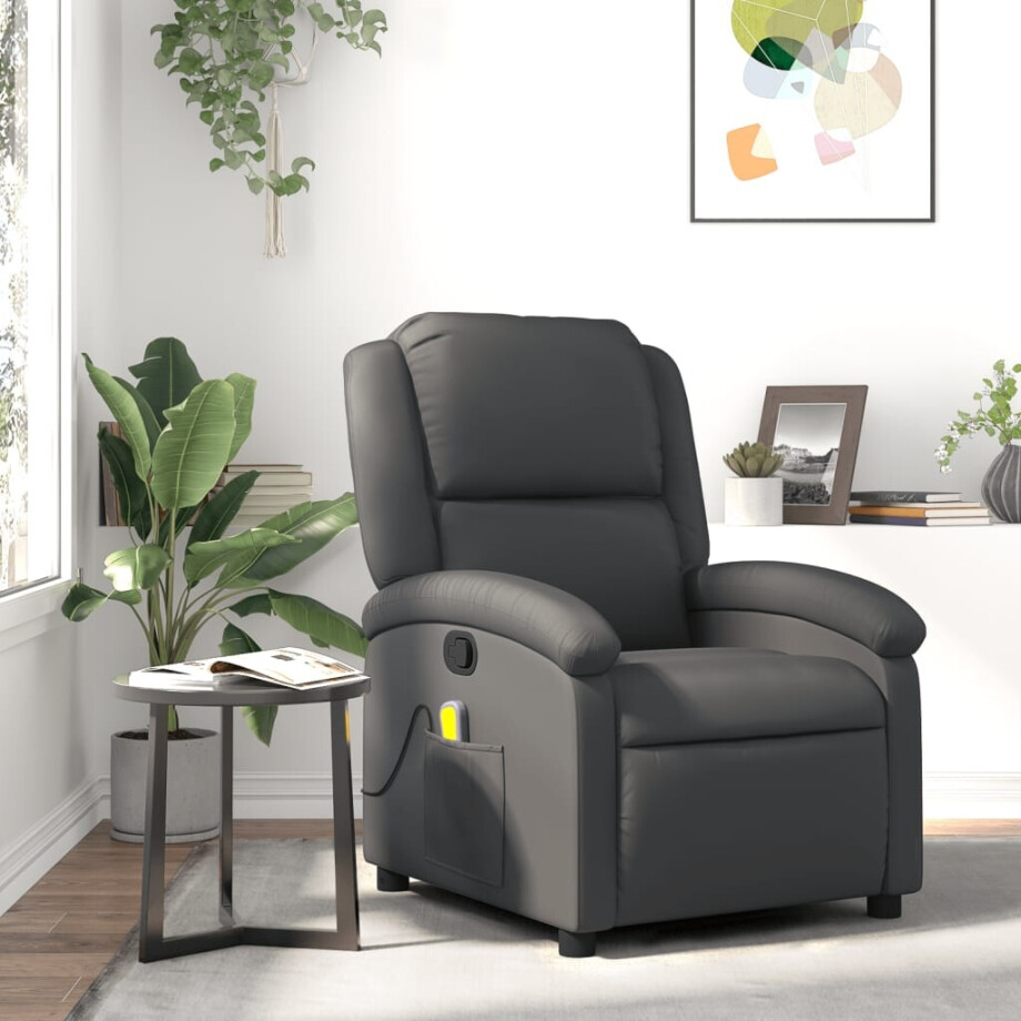 vidaXL Massagestoel van echt leer, grijs vidaXL Massagestoel van echt leer, grijs afbeelding 1
