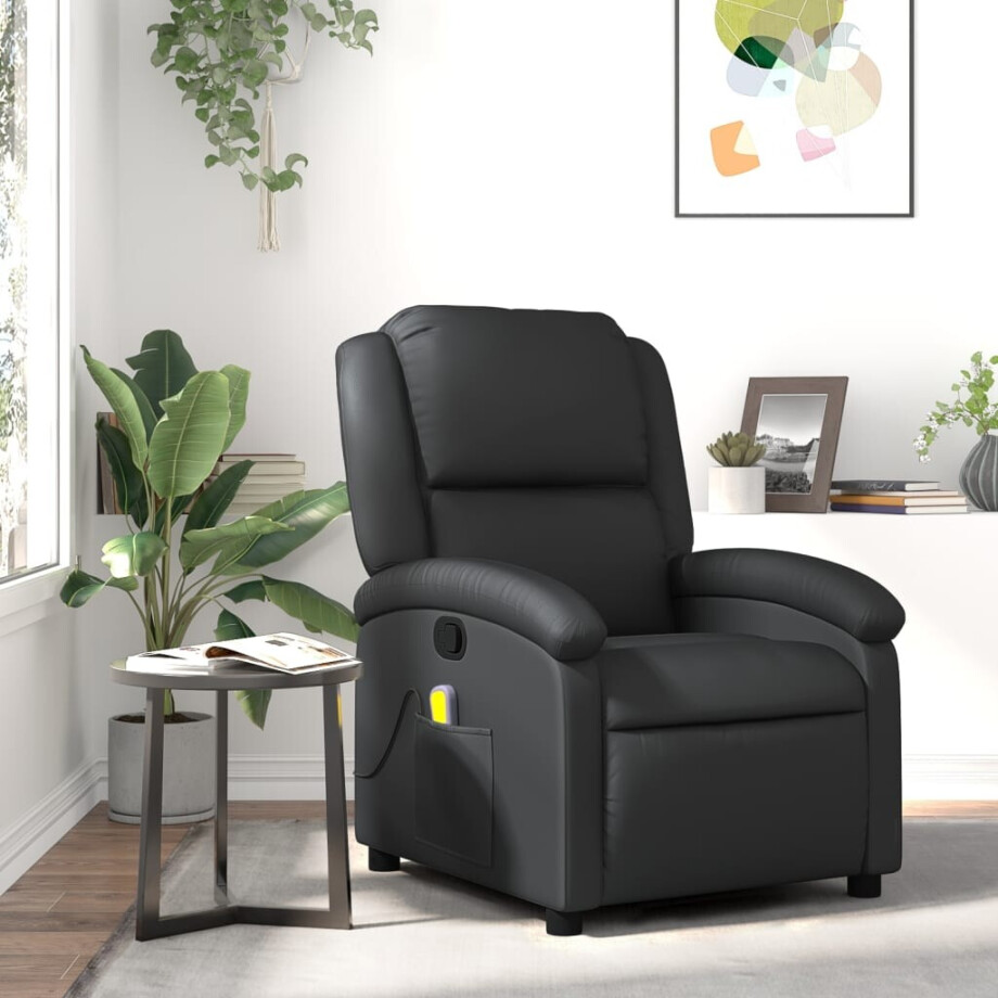 vidaXL Massagestoel van echt leer, zwart vidaXL Massagestoel van echt leer, zwart afbeelding 1