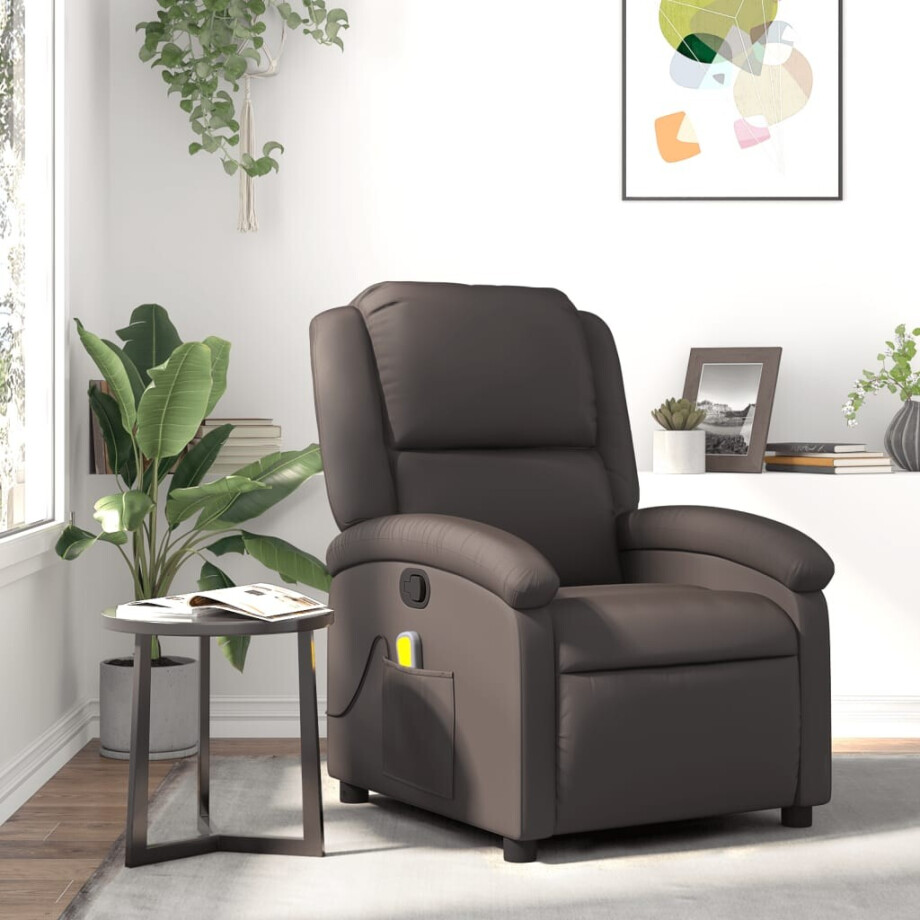 vidaXL Massagestoel van echt leer, donkerbruin vidaXL Massagestoel van echt leer, donkerbruin afbeelding 1