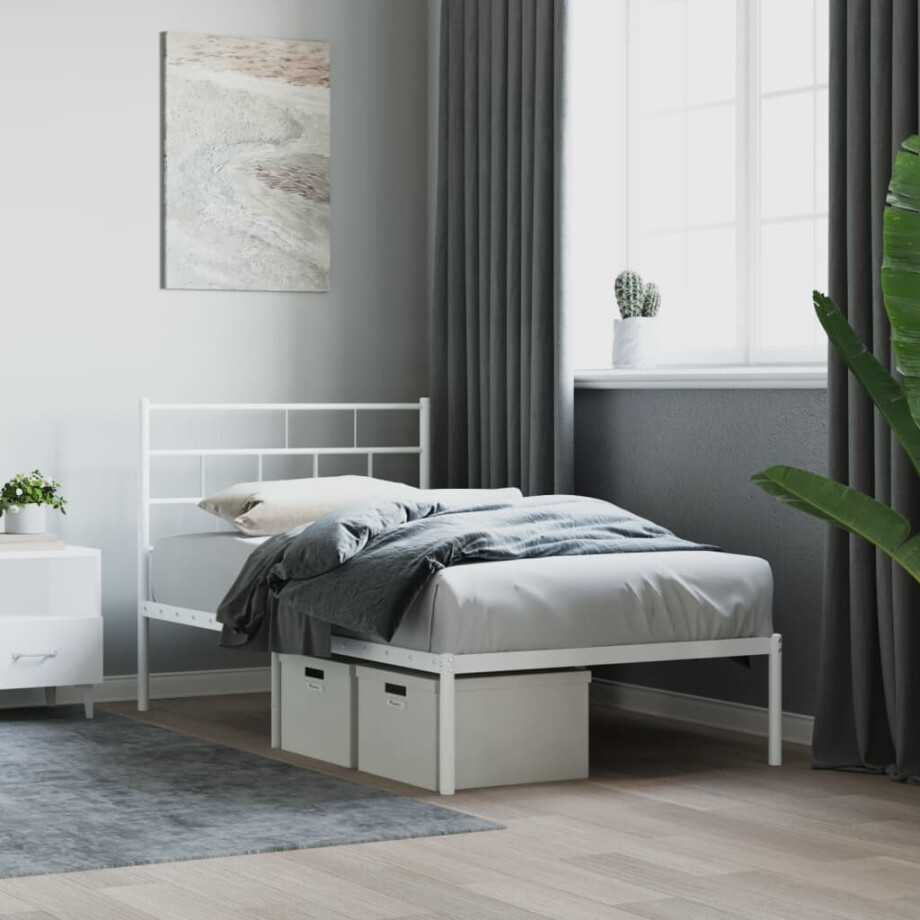 vidaXL Bedframe met hoofdbord zonder matras metaal wit 75x190 cm afbeelding 1