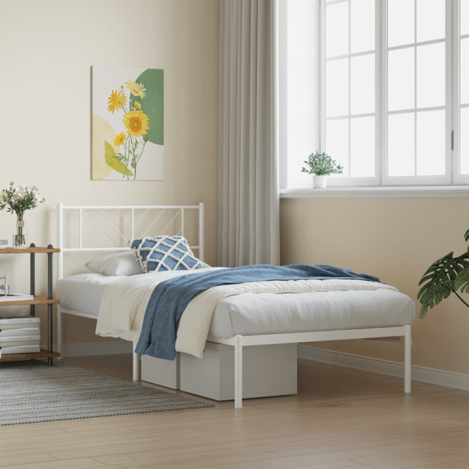 vidaXL Bedframe met hoofdbord zonder matras metaal wit 75x190 cm afbeelding 1