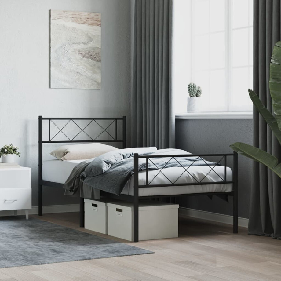 vidaXL Bedframe met hoofd- en voeteneinde metaal zwart 75x190 cm afbeelding 1