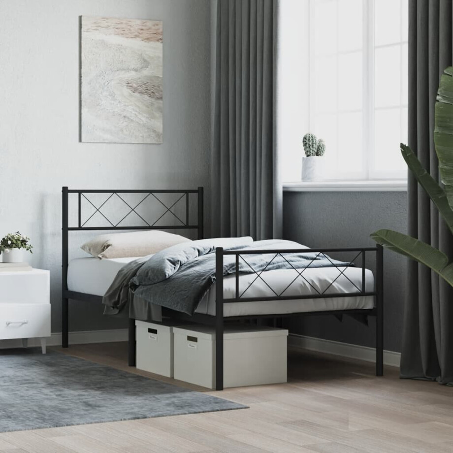 vidaXL Bedframe met hoofd- en voeteneinde metaal zwart 90x190 cm afbeelding 1