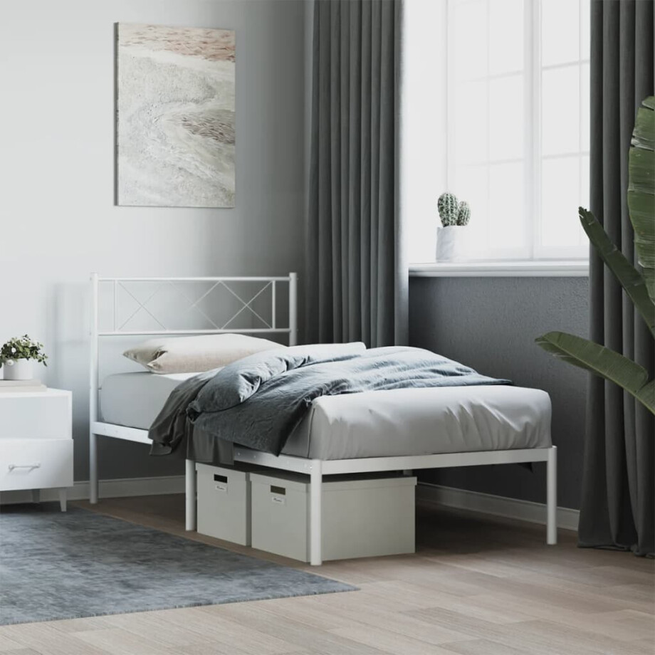 vidaXL Bedframe met hoofdbord metaal wit 90x190 cm afbeelding 1