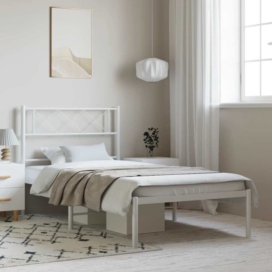vidaXL Bedframe met hoofdbord metaal wit 100x190 cm vidaXL Bedframe met hoofdbord metaal wit 100x190 cm afbeelding 1