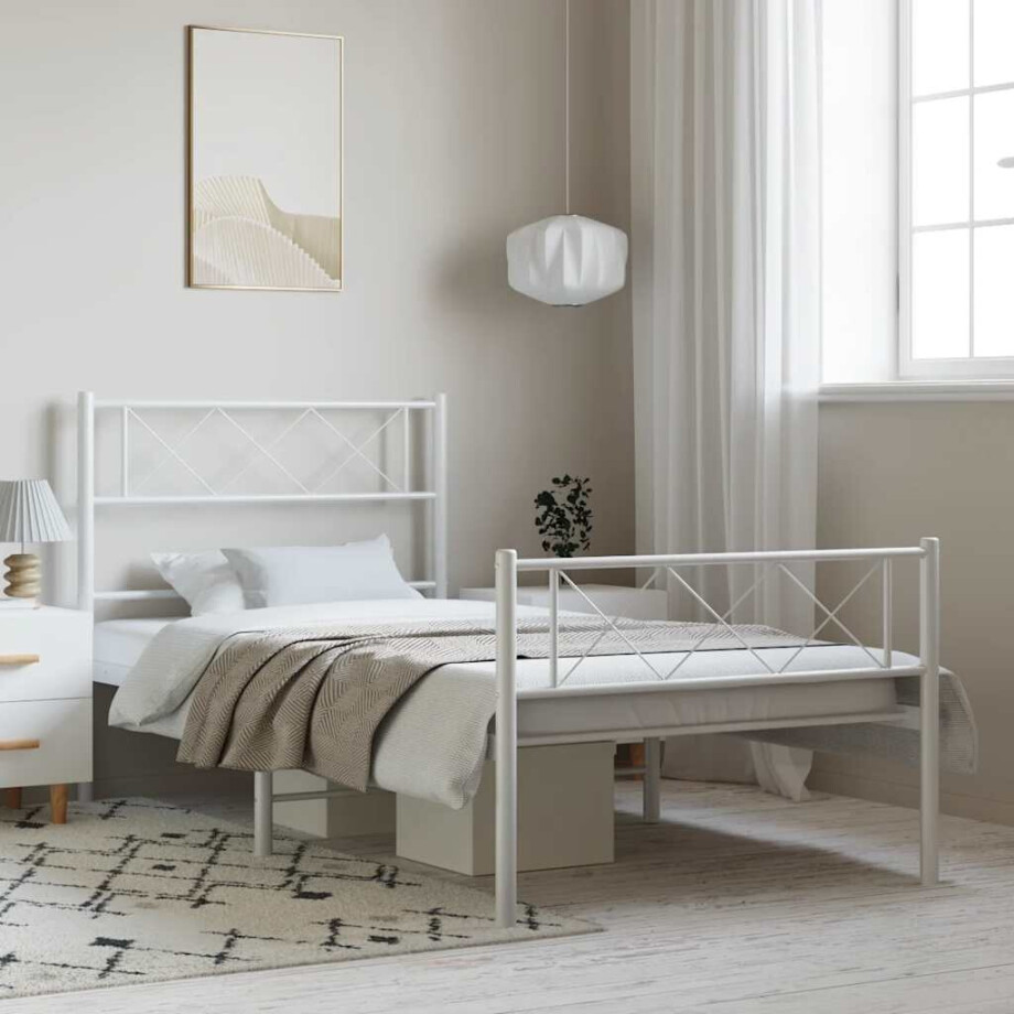 vidaXL Bedframe met hoofd- en voeteneinde metaal wit 100x200 cm afbeelding 1