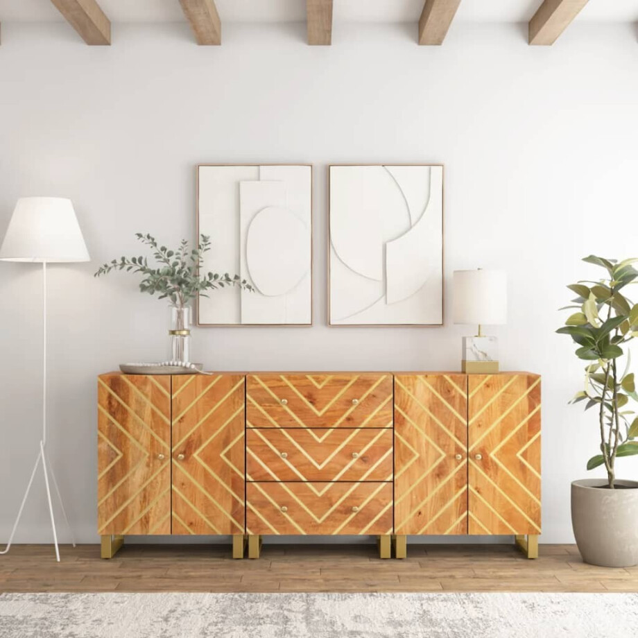 vidaXL Dressoirs 3 st 60x33,5x75 cm massief mangohout bruin en zwart afbeelding 1