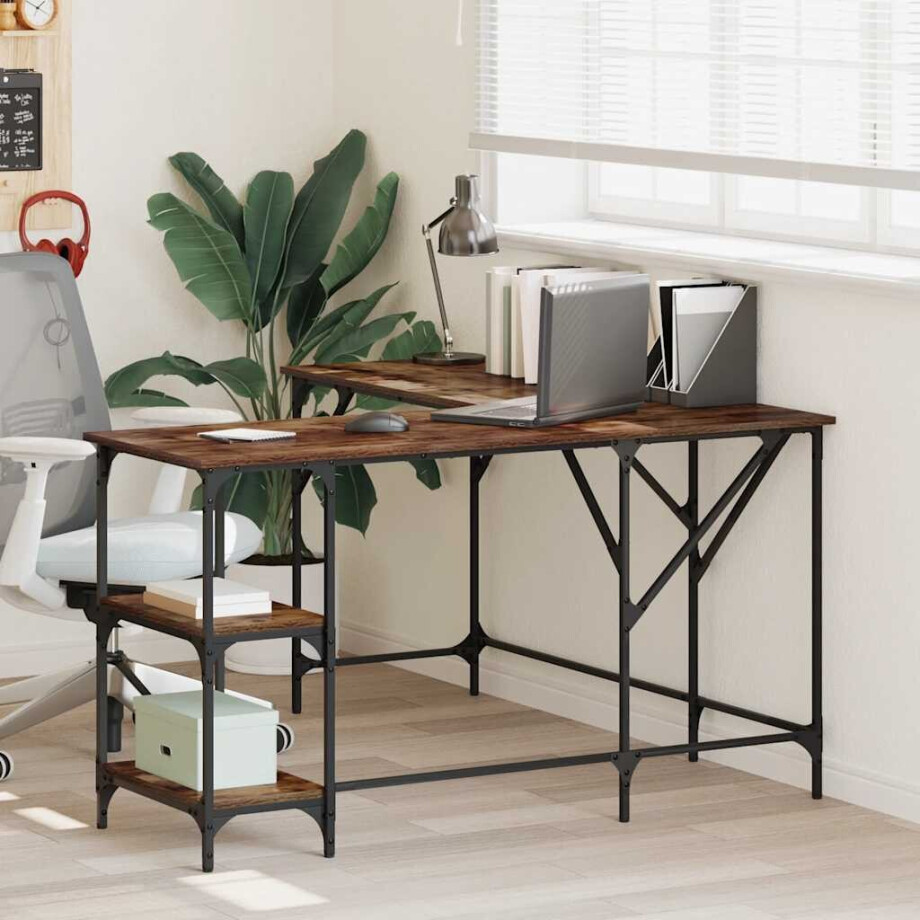 vidaXL Bureau 139x139x75 cm bewerkt hout gerookt eikenkleurig afbeelding 1