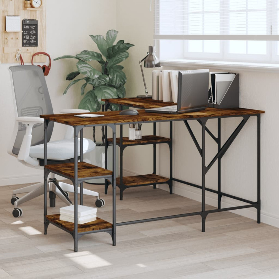 vidaXL Bureau 139x139x75 cm bewerkt hout gerookt eikenkleurig afbeelding 1