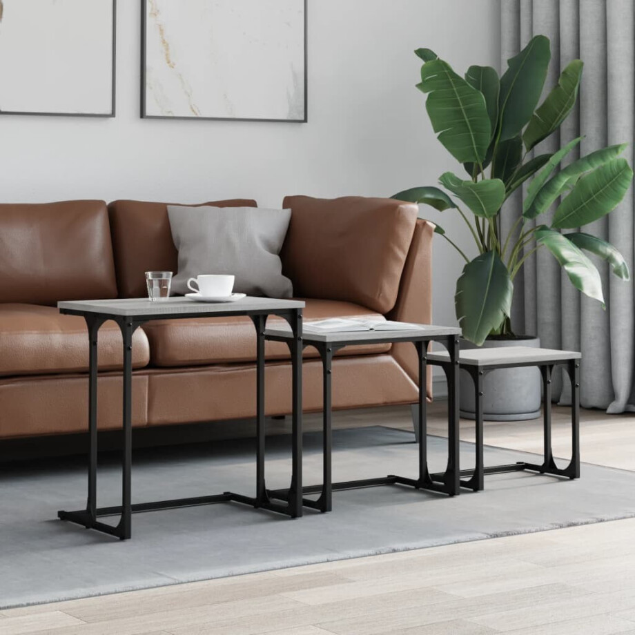 vidaXL 3-delige Tafeltjesset bewerkt hout grijs sonoma afbeelding 1