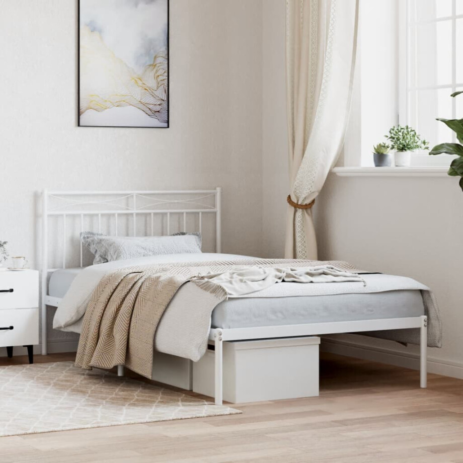 vidaXL Bedframe met hoofdbord metaal wit 107x203 cm afbeelding 1