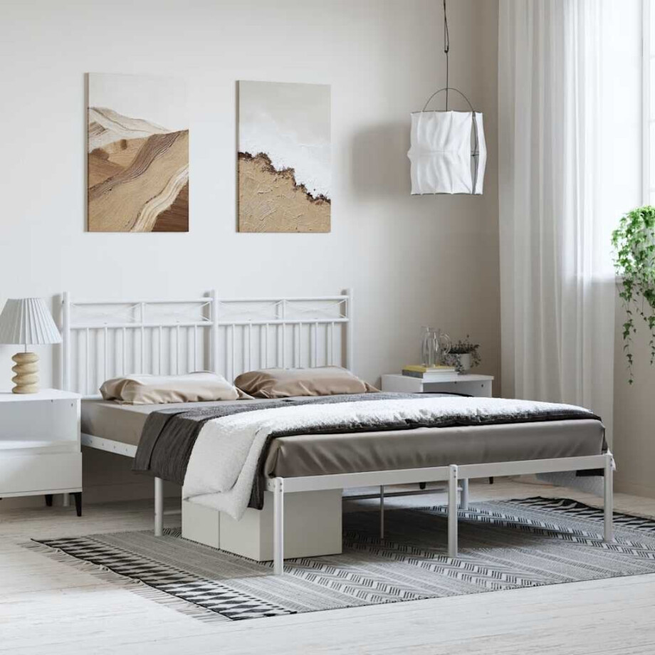 vidaXL Bedframe met hoofdbord metaal wit 150x200 cm afbeelding 1