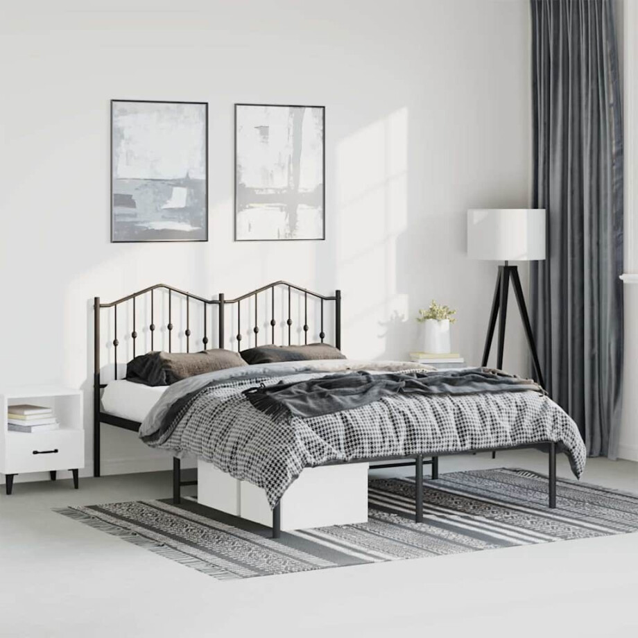 vidaXL Bedframe met hoofdbord metaal zwart 135x190 cm afbeelding 1