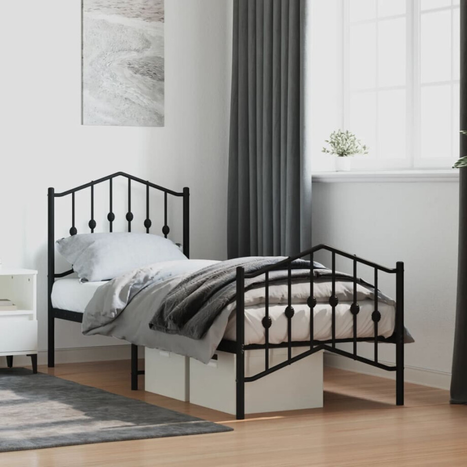 vidaXL Bedframe met hoofd- en voeteneinde metaal zwart 75x190 cm afbeelding 1