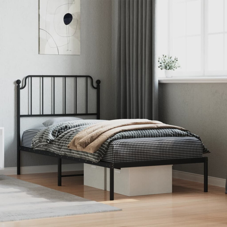 vidaXL Bedframe met hoofdbord metaal zwart 90x190 cm afbeelding 1
