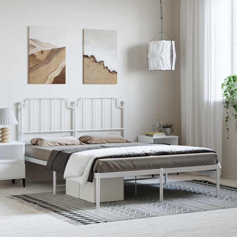 vidaXL Bedframe met hoofdbord metaal wit 150x200 cm afbeelding 1