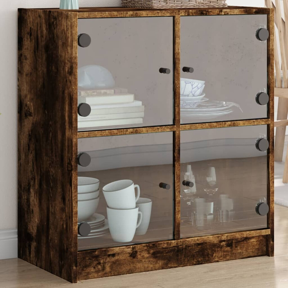 vidaXL Bijzetkast met glazen deuren 68x37x75,5 cm gerookt eikenkleurig vidaXL Bijzetkast met glazen deuren 68x37x75,5 cm gerookt eikenkleurig afbeelding 1