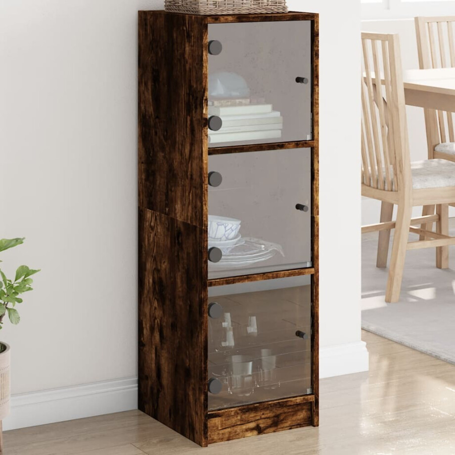 vidaXL Hoge kast met glazen deuren 35x37x109 cm gerookt eikenkleurig afbeelding 1
