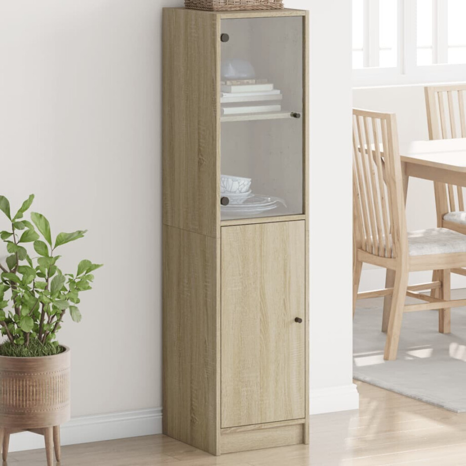 vidaXL Hoge kast met glazen deur 35x37x142 cm sonoma eikenkleurig afbeelding 1