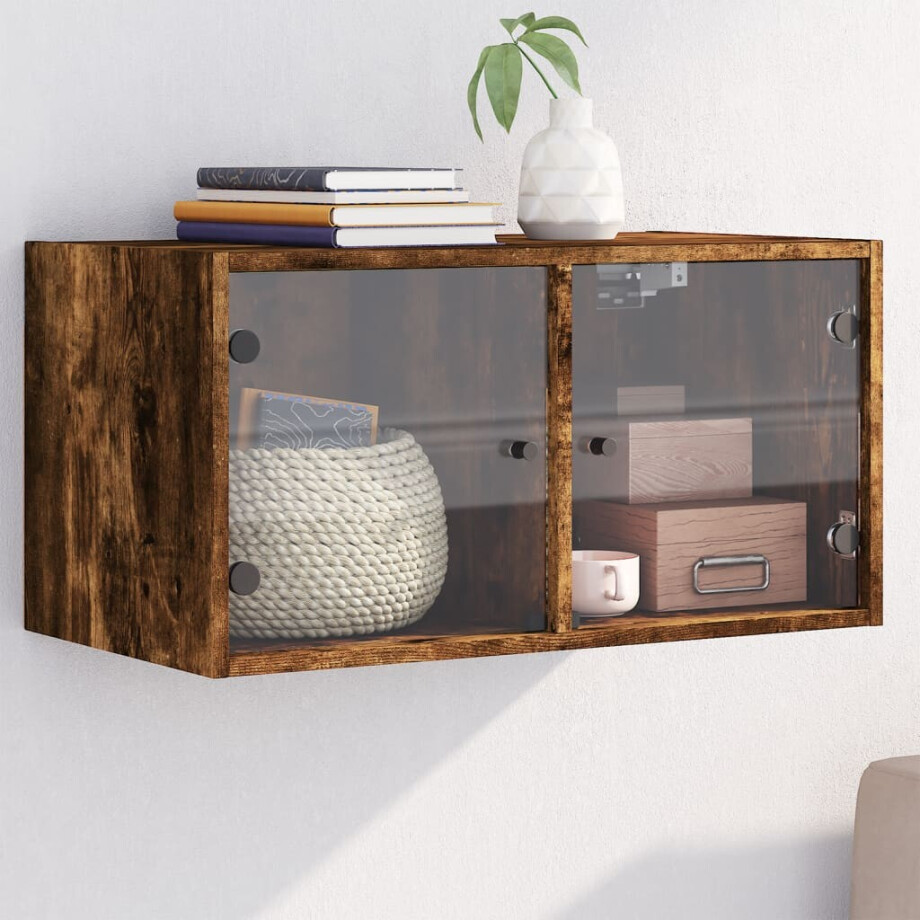 vidaXL Wandkast met glazen deuren 68,5x37x35 cm gerookt eikenkleurig vidaXL Wandkast met glazen deuren 68,5x37x35 cm gerookt eikenkleurig afbeelding 1