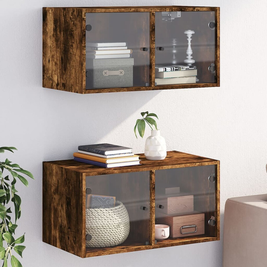 vidaXL Wandkasten met glazen deuren 2 st 68,5x37x35 cm gerookt eiken afbeelding 1