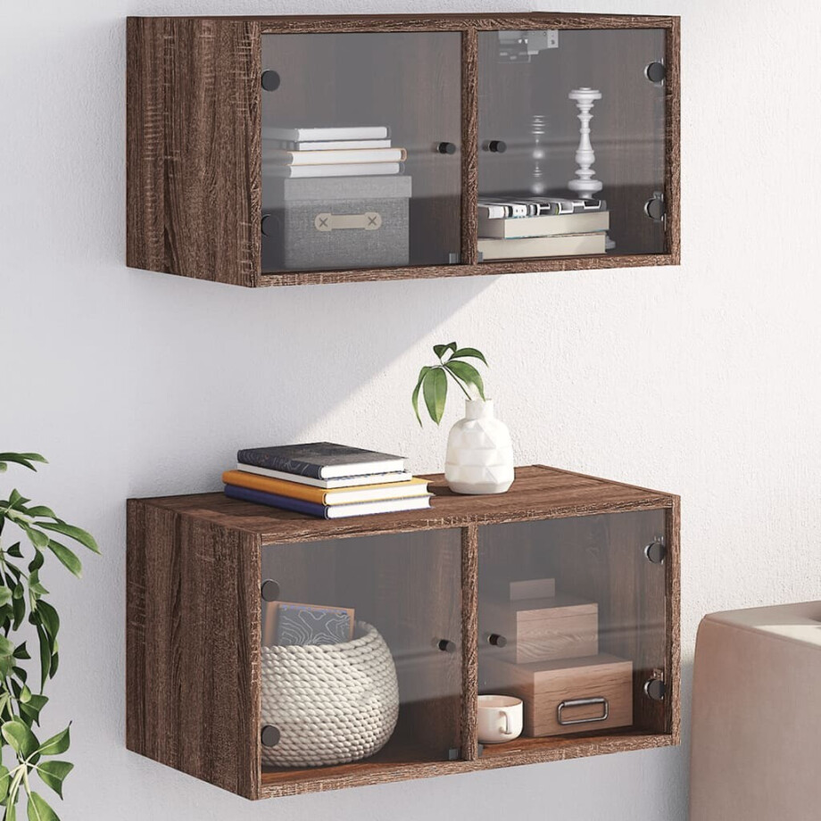 vidaXL Wandkasten met glazen deuren 2 st 68,5x37x35 cm bruineikenkleur vidaXL Wandkasten met glazen deuren 2 st 68,5x37x35 cm bruineikenkleur afbeelding 1