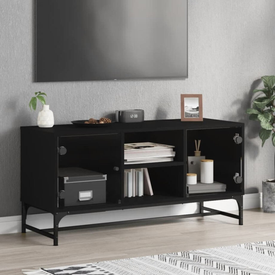 vidaXL Tv-meubel met glazen deuren 102x37x50 cm zwart afbeelding 1