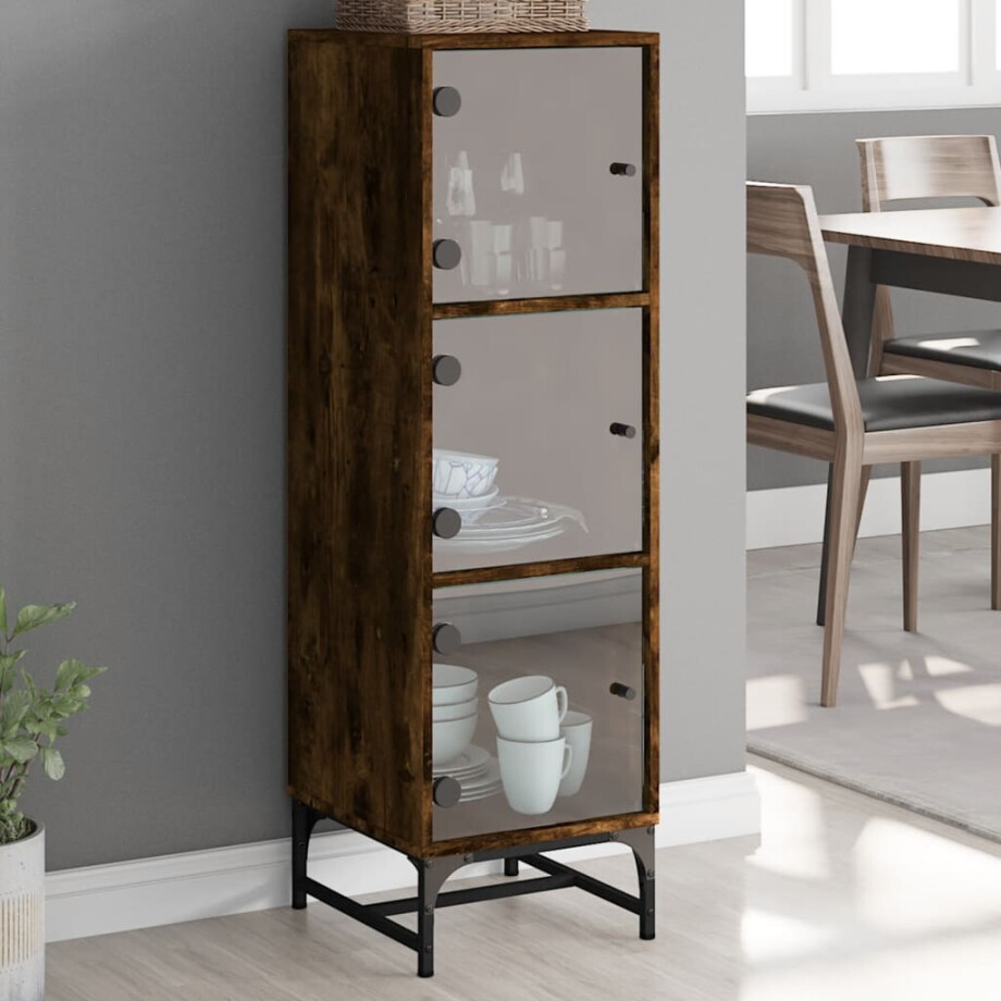 vidaXL Hoge kast met glazen deuren 35x37x120 cm gerookt eikenkleurig afbeelding 1