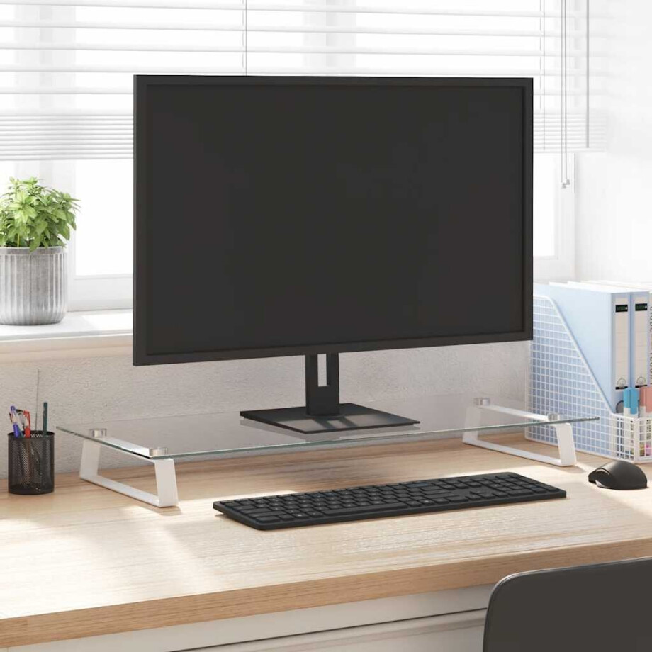 vidaXL Monitorstandaard 80x35x8 cm gehard glas en metaal wit vidaXL Monitorstandaard 80x35x8 cm gehard glas en metaal wit afbeelding 1