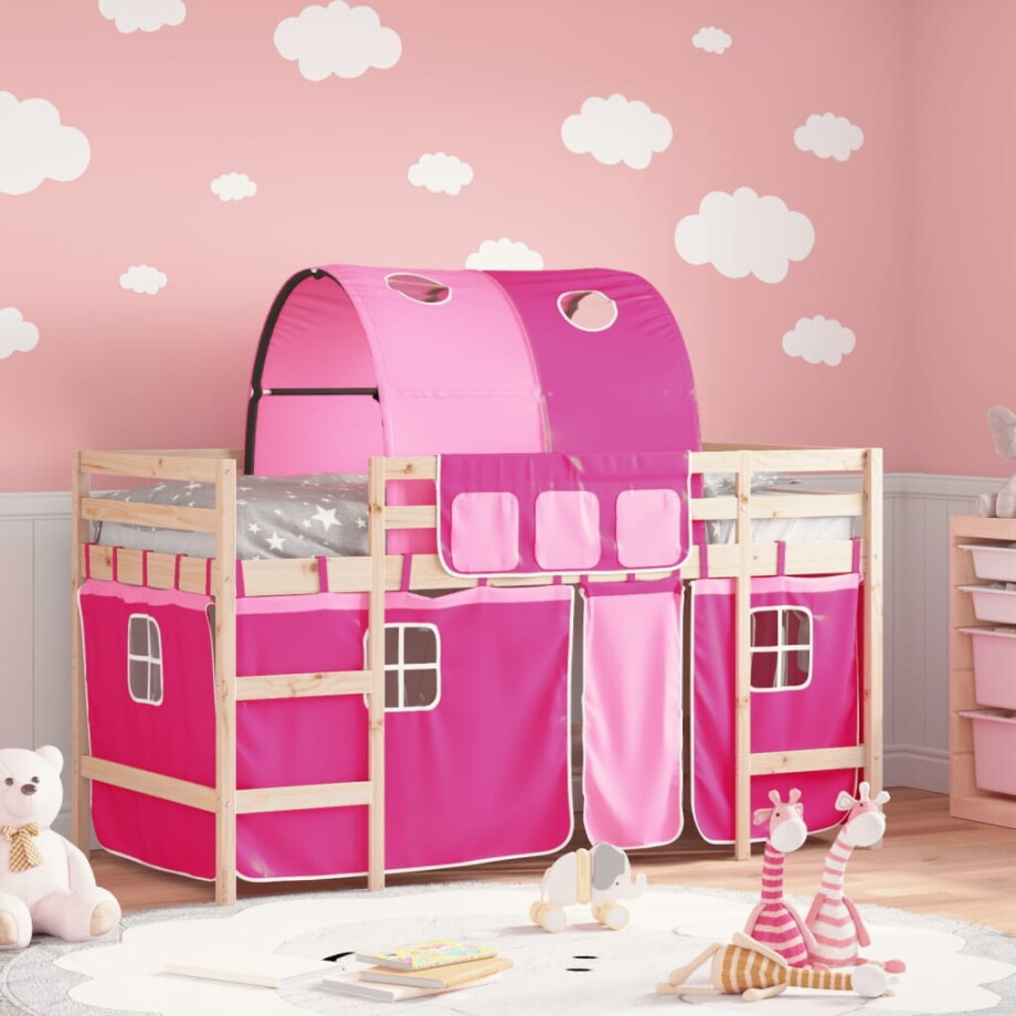 vidaXL Kinderhoogslaper met tunnel 80x200 cm massief grenenhout roze afbeelding 1