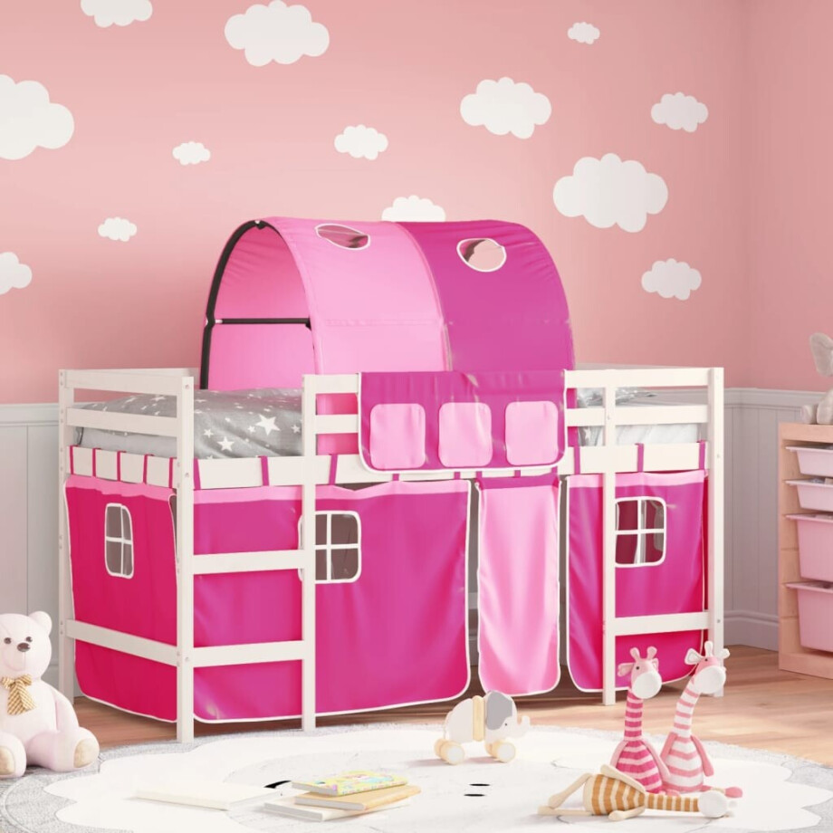 vidaXL Kinderhoogslaper met tunnel 80x200 cm massief grenenhout roze afbeelding 1