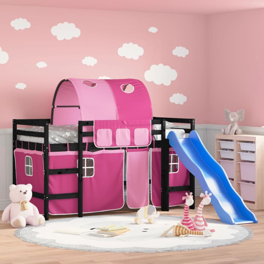 vidaXL Kinderhoogslaper met tunnel 80x200 cm massief grenenhout roze afbeelding 1