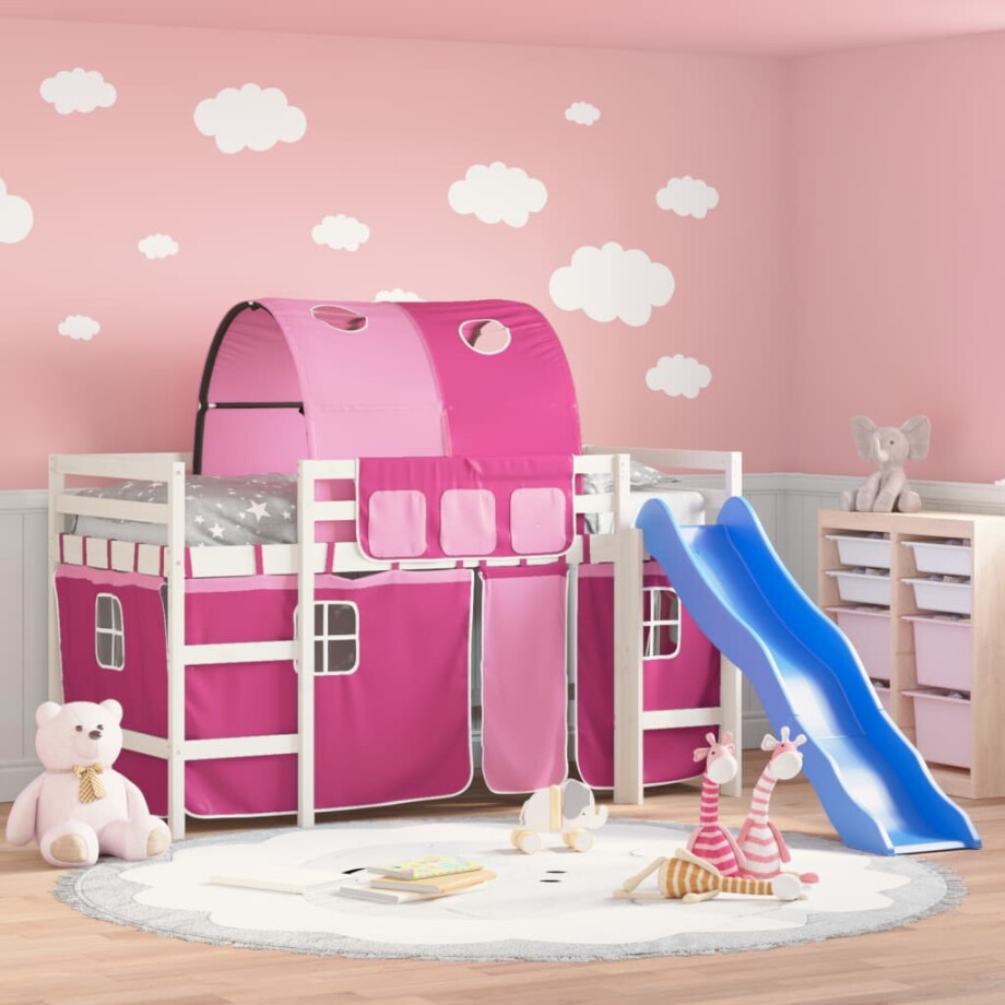 vidaXL Kinderhoogslaper met tunnel 90x190 cm massief grenenhout roze afbeelding 1