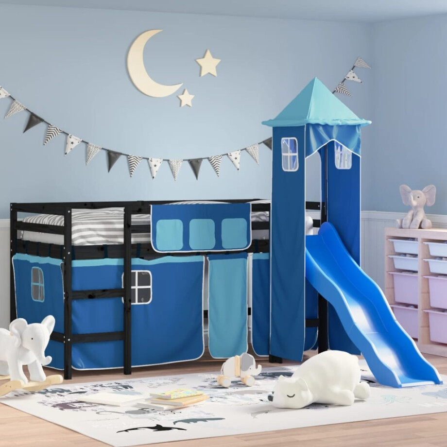 vidaXL Kinderhoogslaper met toren 80x200 cm massief grenenhout blauw vidaXL Kinderhoogslaper met toren 80x200 cm massief grenenhout blauw afbeelding 1