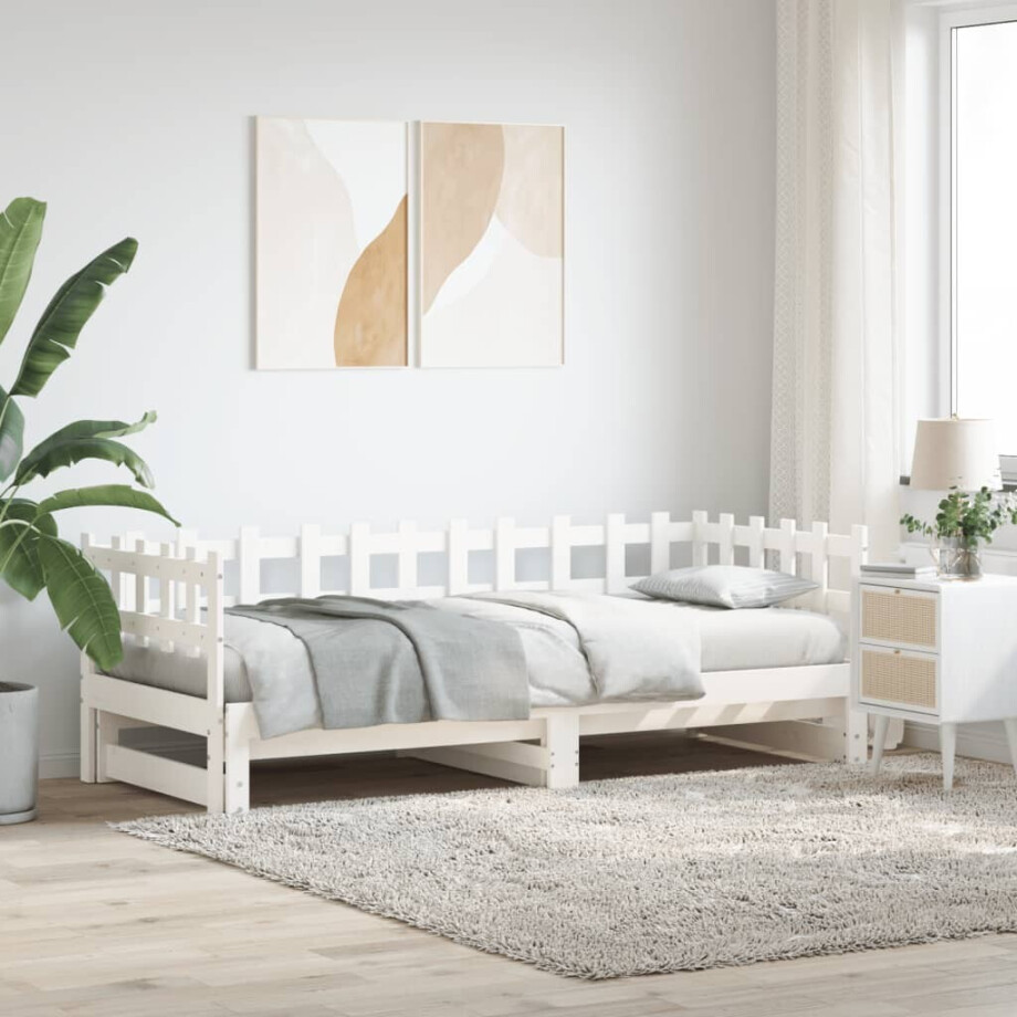 vidaXL Slaapbank uitschuifbaar 2x(80x200) cm massief grenenhout wit afbeelding 1