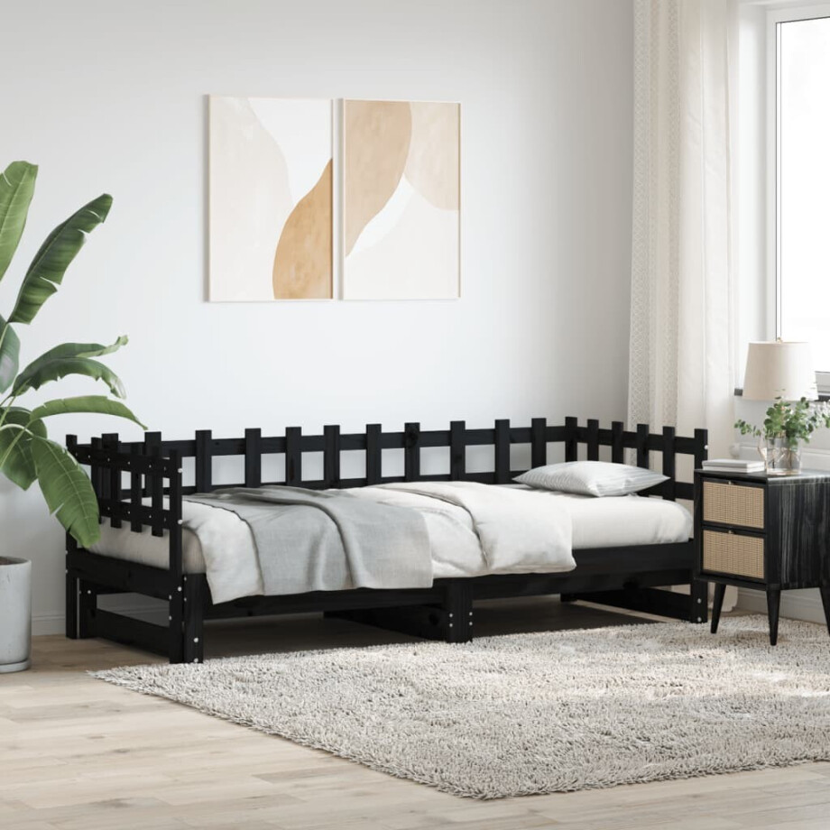 vidaXL Slaapbank uitschuifbaar 2x(80x200) cm massief grenenhout zwart afbeelding 1