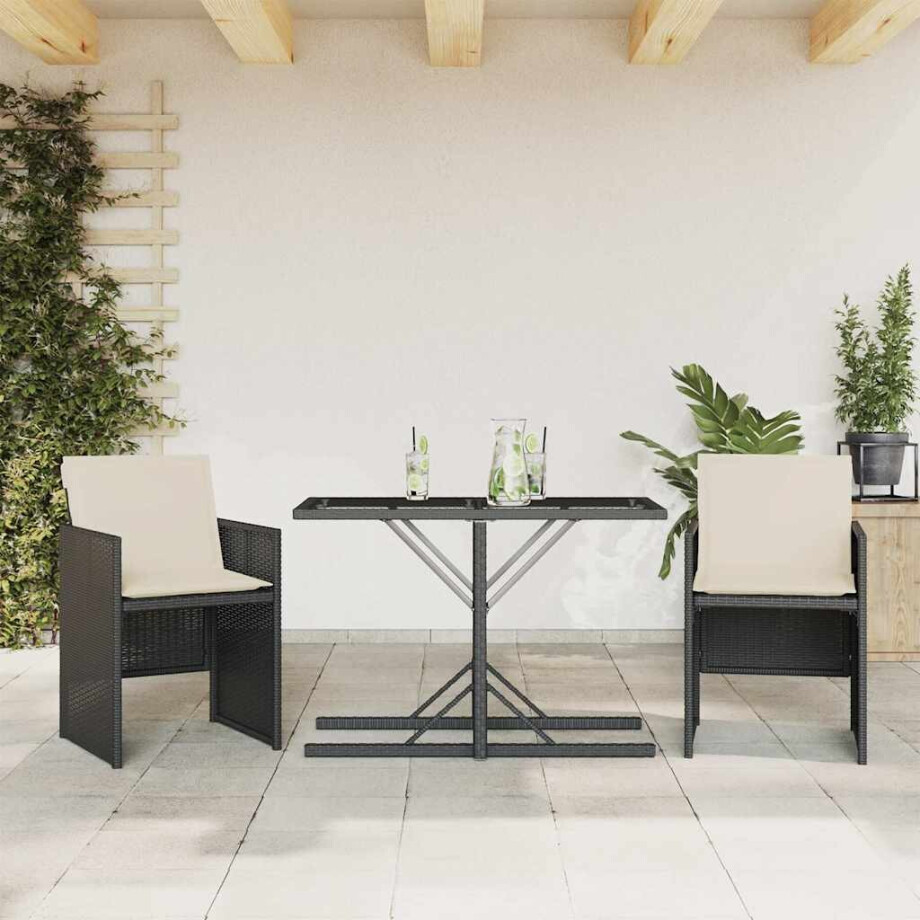 vidaXL 3-delige Bistroset met kussens poly rattan zwart vidaXL 3-delige Bistroset met kussens poly rattan zwart afbeelding 1